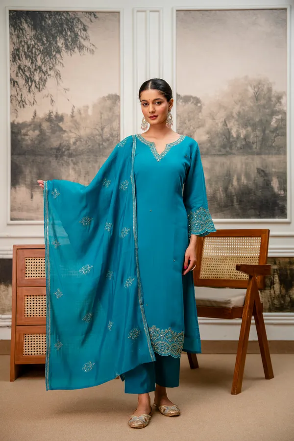 Teal_Embroidered_Straight_Kurta_Set_For_Women