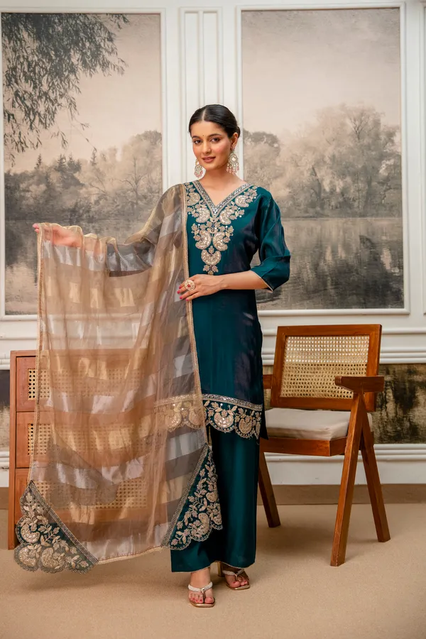 Teal_Embroidered_Straight_Kurta_Set_For_Women
