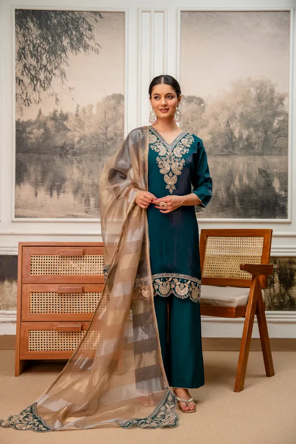 Teal_Embroidered_Straight_Kurta_Set_For_Women