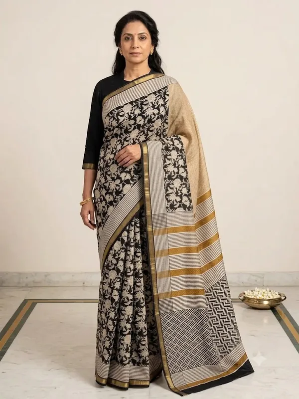Black_And_Cream_Printed_Saree_For_Women