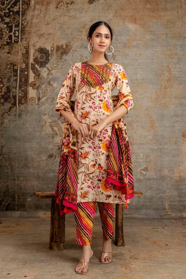Orange_Pure_Cotton_Embroidered_Floral_Printed_Kurta_Set_For_Women
