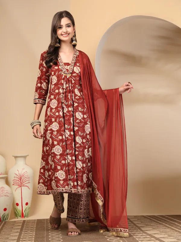 Maroon_Pure_Cotton_Regular_Floral_Printed_Sequinned_Kurta_Set_For_Women