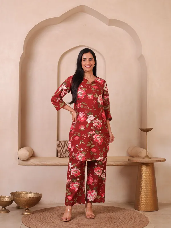 Maroon_Pure_Cotton_Floral_Printed_Straight_Co-Ords_For_Women