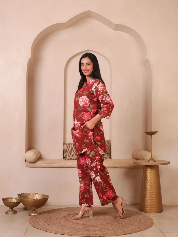 Maroon_Pure_Cotton_Floral_Printed_Straight_Co-Ords_For_Women