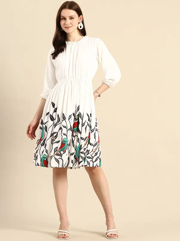White_Viscose_Rayon_Gathered_Fit_&_Flare_Parrot_Printed_Dress_For_Women