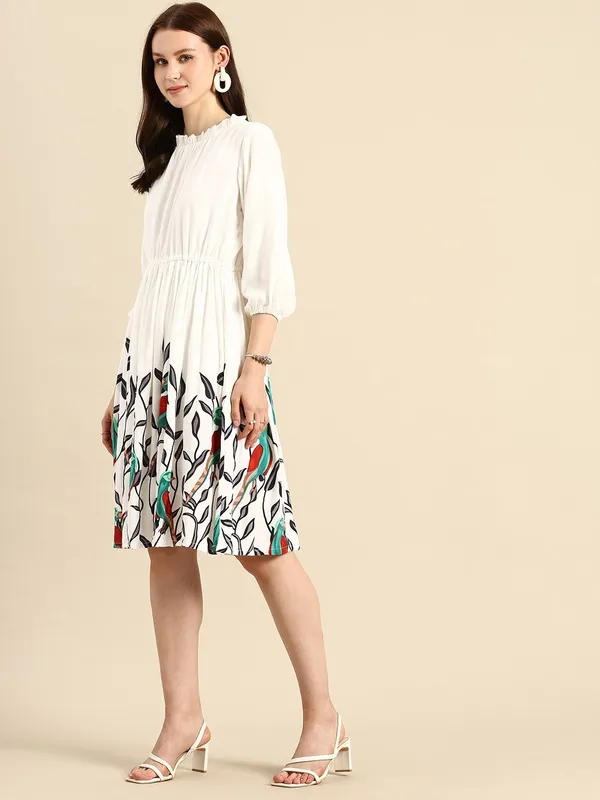 White_Viscose_Rayon_Gathered_Fit_&_Flare_Parrot_Printed_Dress_For_Women