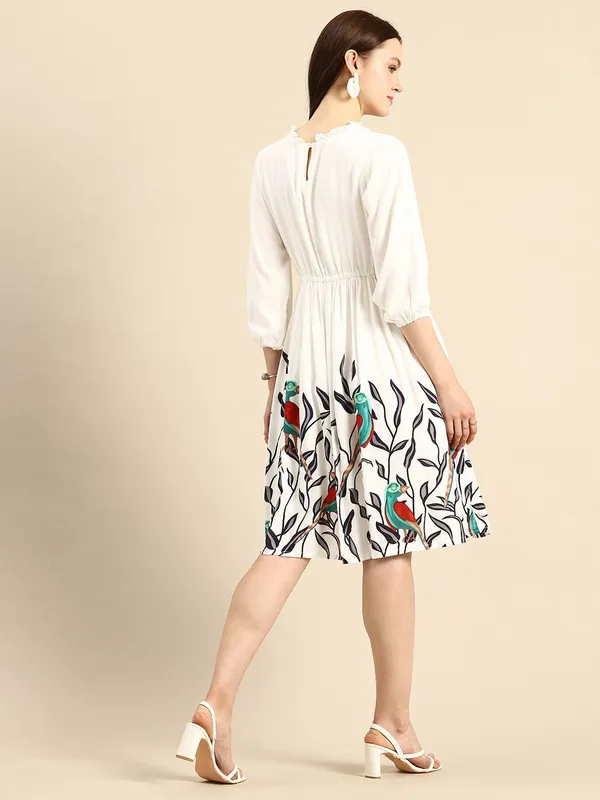 White_Viscose_Rayon_Gathered_Fit_&_Flare_Parrot_Printed_Dress_For_Women