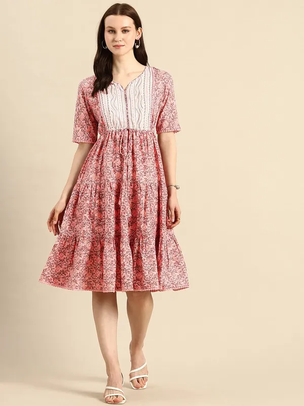 Orange_Pure_Cotton_V-Neck_Fit_&_Flare_Printed_Dress_For_Women