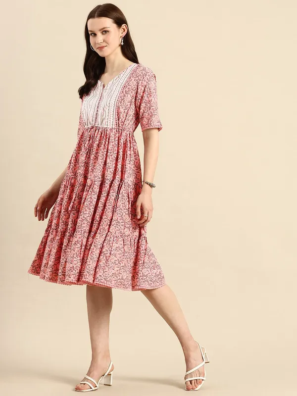 Orange_Pure_Cotton_V-Neck_Fit_&_Flare_Printed_Dress_For_Women