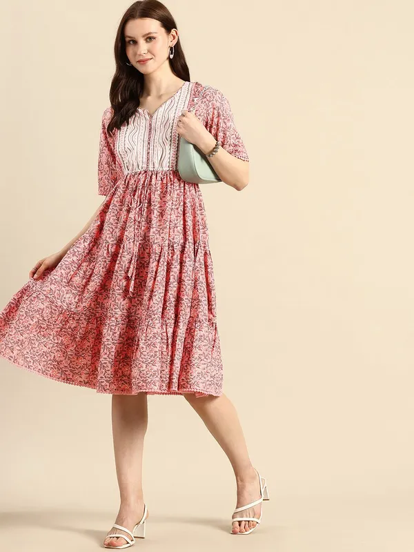Orange_Pure_Cotton_V-Neck_Fit_&_Flare_Printed_Dress_For_Women