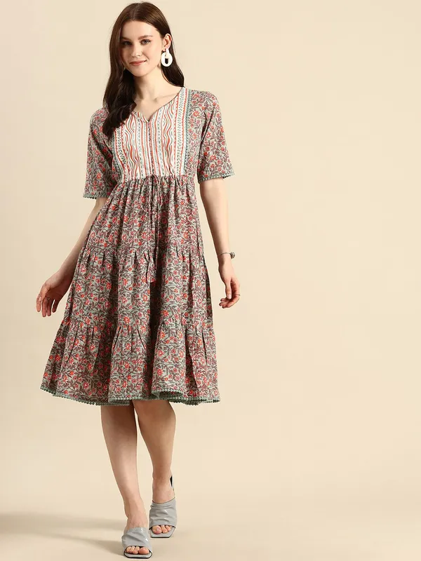 Multicolor_Pure_Cotton_V-Neck_Fit_&_Flare_Printed_Dress_For_Women