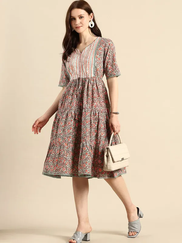 Multicolor_Pure_Cotton_V-Neck_Fit_&_Flare_Printed_Dress_For_Women