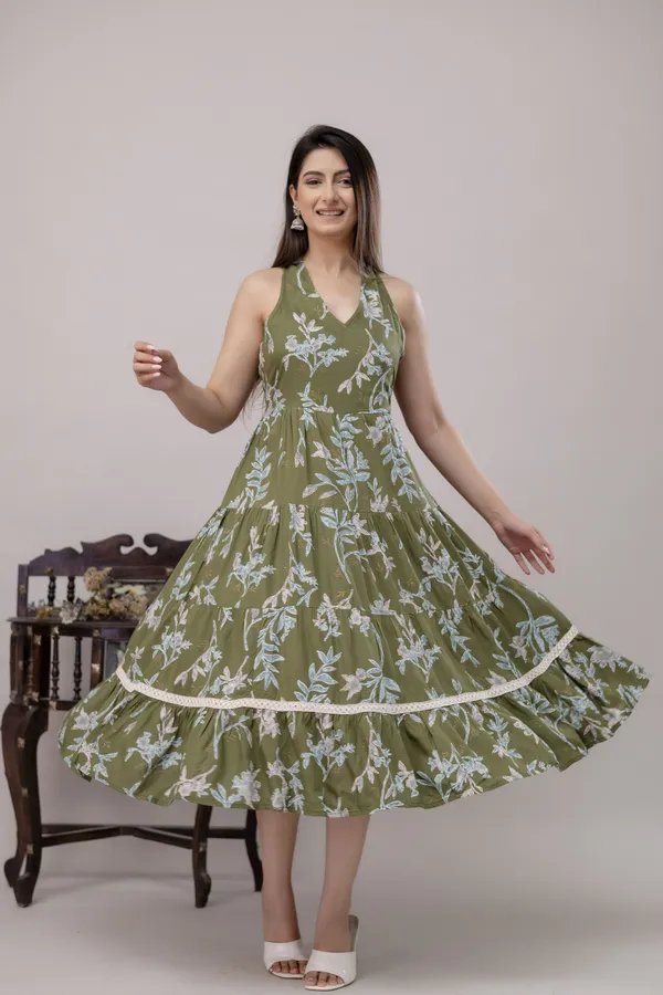 Green_Viscose_Rayon_Halter_Neck_Tiered_A-Line_Floral_Printed_Dress_For_Women