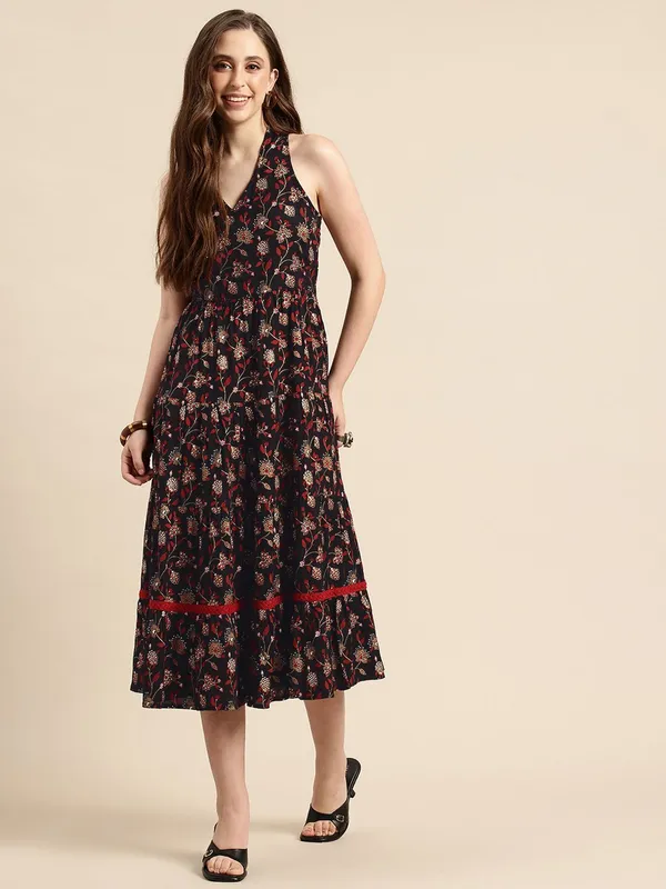 Black_Viscose_Rayon_Halter_Neck_Tiered_A-Line_Floral_Printed_Dress_For_Women