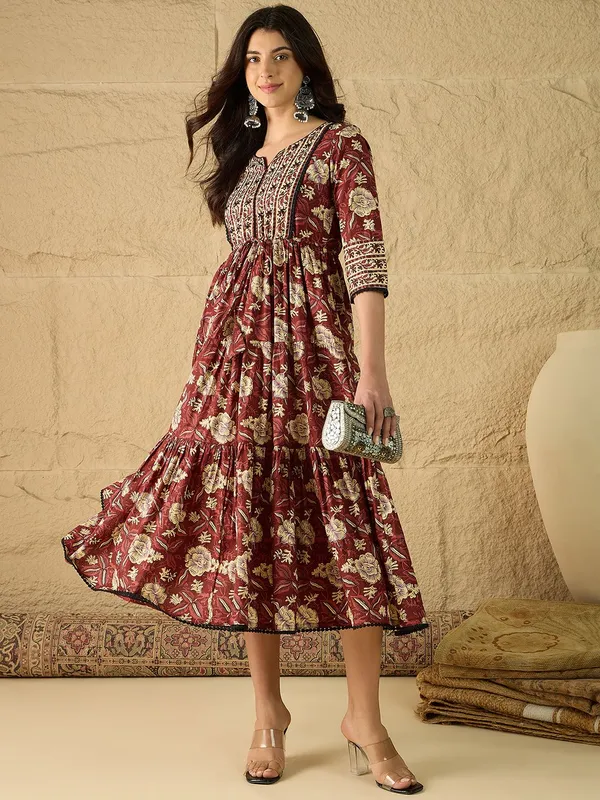Red_Pure_Cotton_Fit_&_Flare_Floral_Ethnic_Dress_For_Women