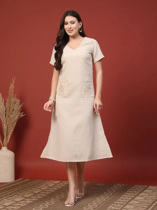 Beige_Viscose_Rayon_A-Line_Embroidered_Pocket_Midi_Dress_For_Women