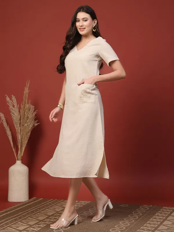 Beige_Viscose_Rayon_A-Line_Embroidered_Pocket_Midi_Dress_For_Women