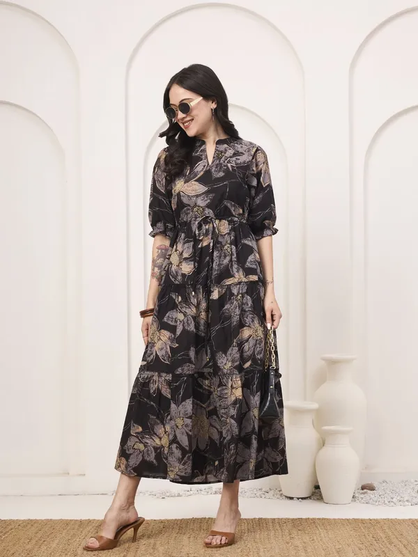 Black_Pure_Cotton_Fit_&_Flare_Floral_Ethnic_Dress_For_Women