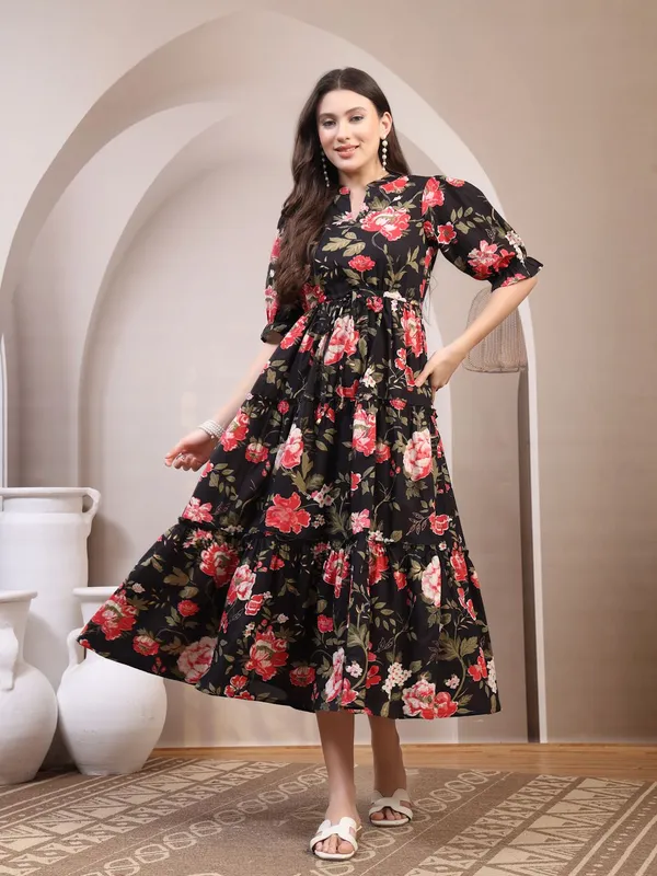 Black_Pure_Cotton_Fit_&_Flare_Floral_Ethnic_Dress_For_Women