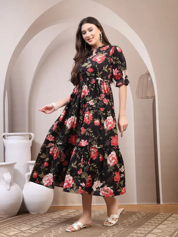 Black_Pure_Cotton_Fit_&_Flare_Floral_Ethnic_Dress_For_Women