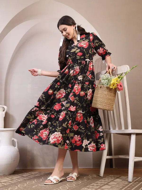 Black_Pure_Cotton_Fit_&_Flare_Floral_Ethnic_Dress_For_Women