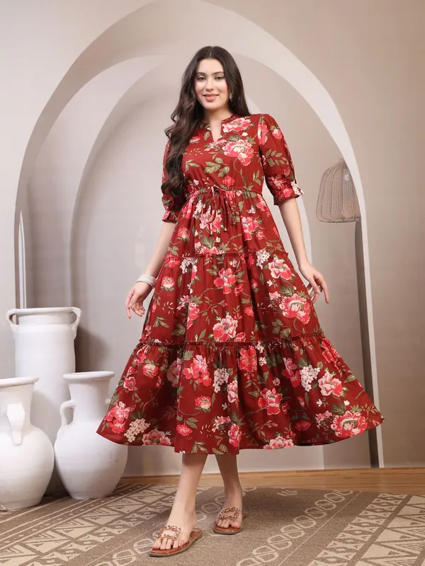 Maroon_Pure_Cotton_Fit_&_Flare_Floral_Ethnic_Dress_For_Women