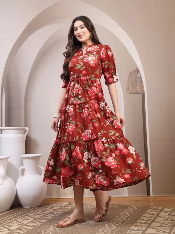 Maroon_Pure_Cotton_Fit_&_Flare_Floral_Ethnic_Dress_For_Women