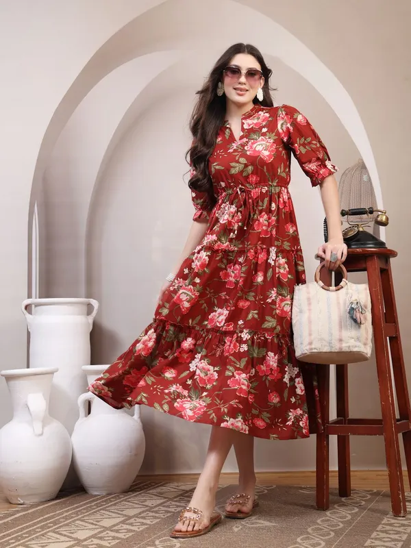 Maroon_Pure_Cotton_Fit_&_Flare_Floral_Ethnic_Dress_For_Women