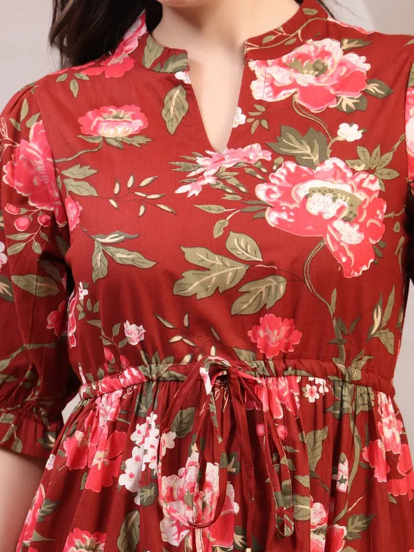 Maroon_Pure_Cotton_Fit_&_Flare_Floral_Ethnic_Dress_For_Women