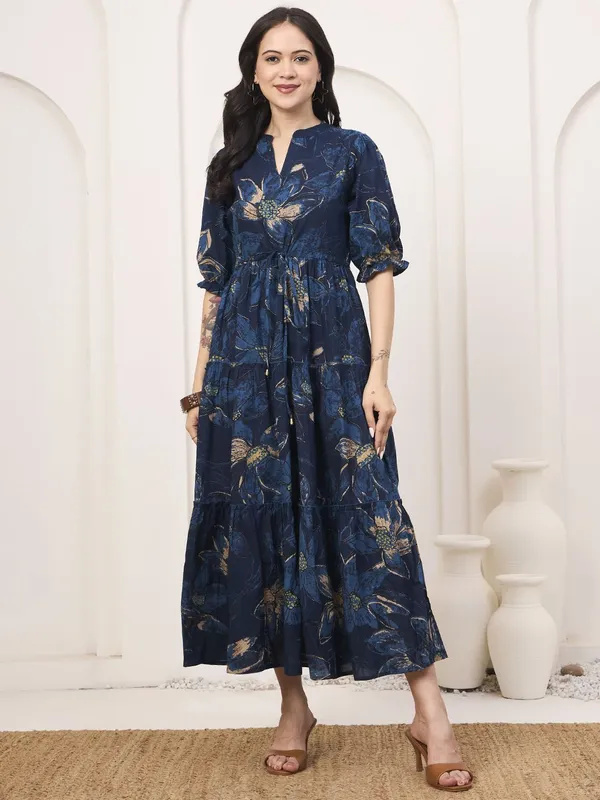 Blue_Pure_Cotton_Fit_&_Flare_Floral_Ethnic_Dress_For_Women
