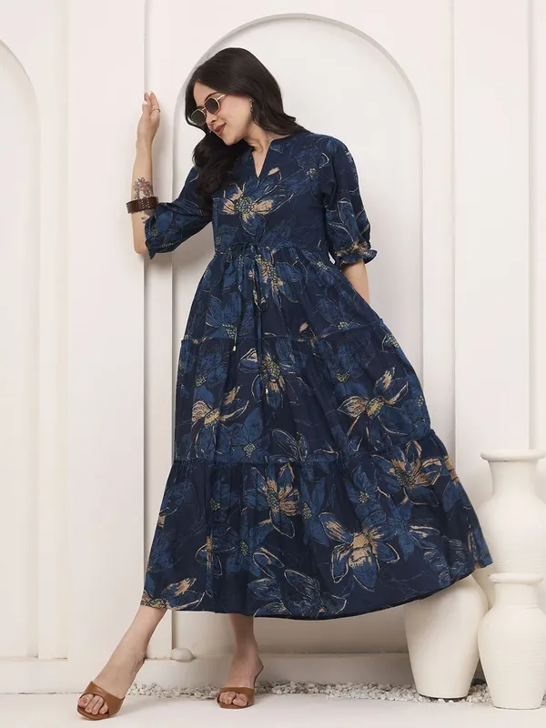 Blue_Pure_Cotton_Fit_&_Flare_Floral_Ethnic_Dress_For_Women