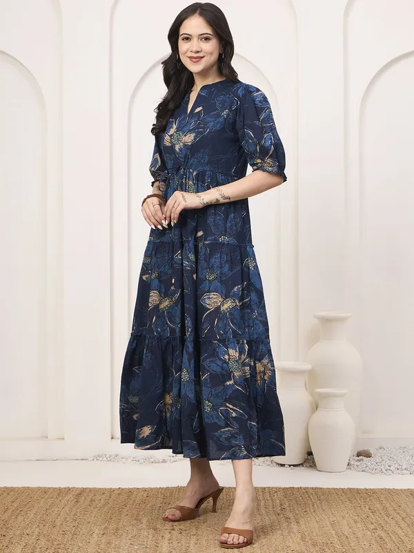 Blue_Pure_Cotton_Fit_&_Flare_Floral_Ethnic_Dress_For_Women