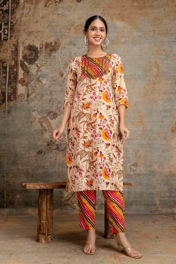Orange_Pure_Cotton_Embroidered_Floral_Printed_Kurta_Set_For_Women