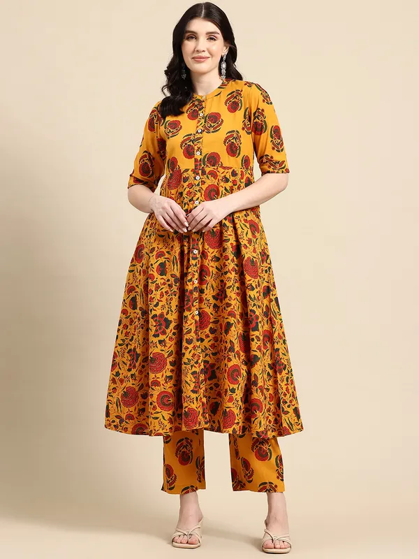 Mustard_Pure_Cotton_Pleated_Floral_Printed_Kurta_With_Palazzos_For_Women