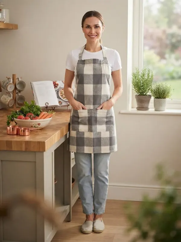 Premium_Cotton_Checkered_Kitchen_Apron_With_Pockets_Grey