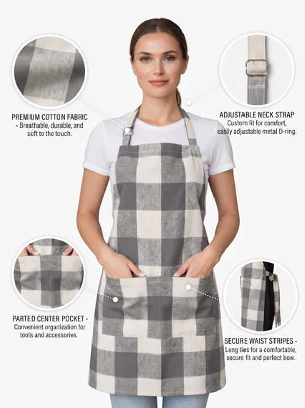 Premium_Cotton_Checkered_Kitchen_Apron_With_Pockets_Grey