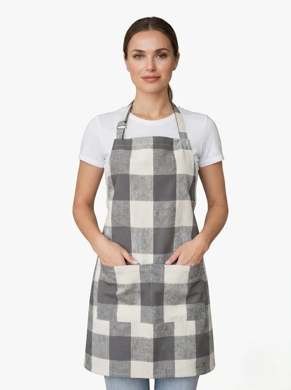 Premium_Cotton_Checkered_Kitchen_Apron_With_Pockets_Grey
