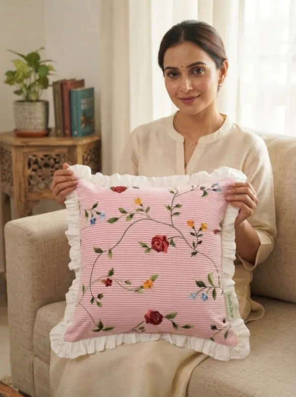 Pink_Floral_Cotton_Pillow_Cover_With_Ruffled_Border_Striped_Printed_Cushion_Cover