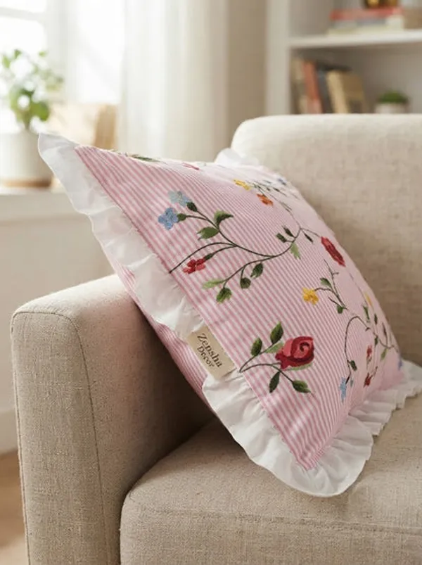 Pink_Floral_Cotton_Pillow_Cover_With_Ruffled_Border_Striped_Printed_Cushion_Cover