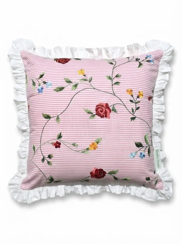 Pink_Floral_Cotton_Pillow_Cover_With_Ruffled_Border_Striped_Printed_Cushion_Cover