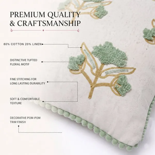 Zensha_Decor_18_X_18_Inch_Cotton_Linen_Cushion_Cover_Tufted_Floral_Crewel_Embroidery_Ivory_With_Sage_Green_Ochre_Pom_Pom_Trim