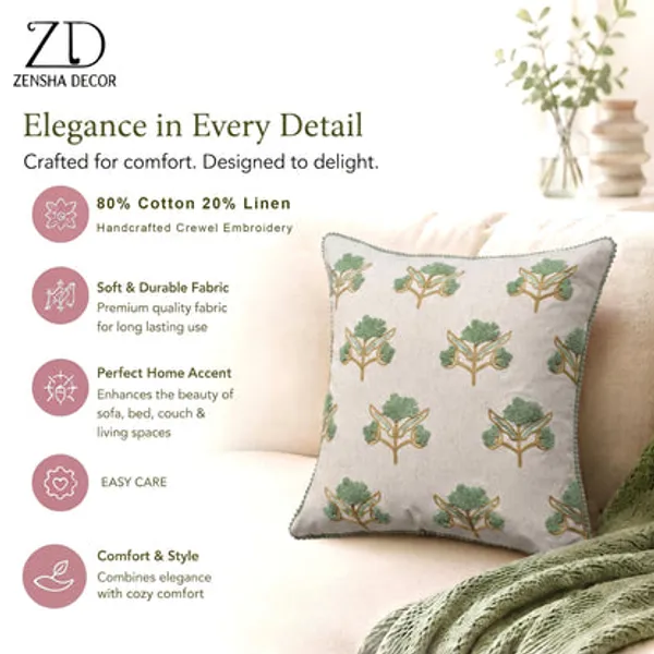 Zensha_Decor_18_X_18_Inch_Cotton_Linen_Cushion_Cover_Tufted_Floral_Crewel_Embroidery_Ivory_With_Sage_Green_Ochre_Pom_Pom_Trim