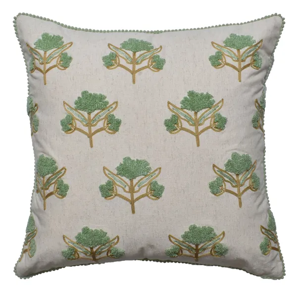 Zensha_Decor_18_X_18_Inch_Cotton_Linen_Cushion_Cover_Tufted_Floral_Crewel_Embroidery_Ivory_With_Sage_Green_Ochre_Pom_Pom_Trim