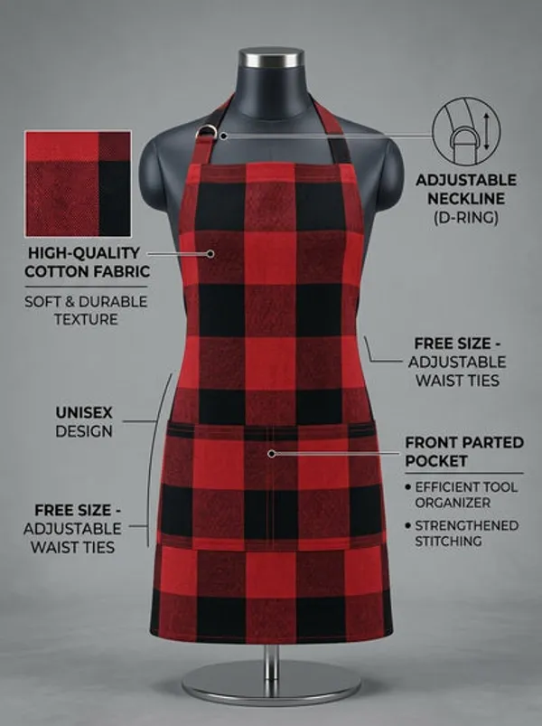 Unisex_Cotton_Checkered_Kitchen_Apron_With_Adjustable_Neck_Strap_Front_Pocket_Free_Size_Soft_Breathable_Cooking_Apron