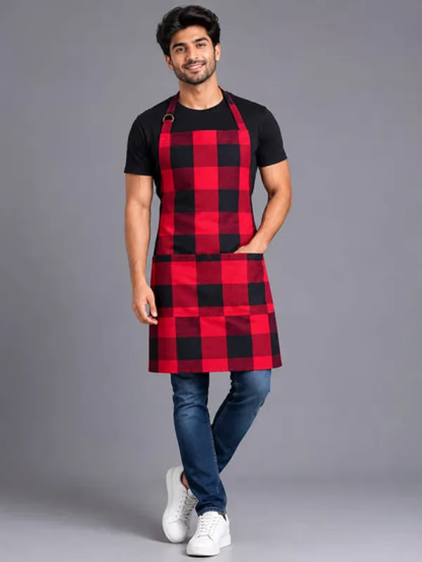 Unisex_Cotton_Checkered_Kitchen_Apron_With_Adjustable_Neck_Strap_Front_Pocket_Free_Size_Soft_Breathable_Cooking_Apron