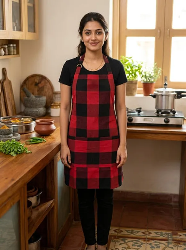 Unisex_Cotton_Checkered_Kitchen_Apron_With_Adjustable_Neck_Strap_Front_Pocket_Free_Size_Soft_Breathable_Cooking_Apron