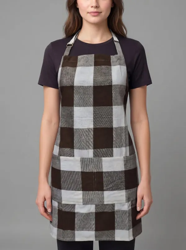 Premium_Cotton_Buffalo_Check_Kitchen_Apron_Brown_Off_White_Plaid_Adjustable_Neck_Strap_Front_Pocket