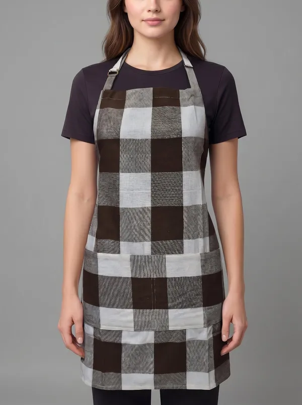 Premium_Cotton_Buffalo_Check_Kitchen_Apron_Brown_Off_White_Plaid_Adjustable_Neck_Strap_Front_Pocket