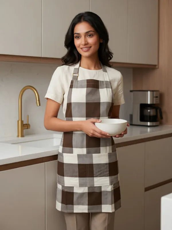 Premium_Cotton_Buffalo_Check_Kitchen_Apron_Brown_Off_White_Plaid_Adjustable_Neck_Strap_Front_Pocket