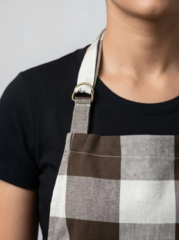 Premium_Cotton_Buffalo_Check_Kitchen_Apron_Brown_Off_White_Plaid_Adjustable_Neck_Strap_Front_Pocket
